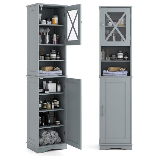 CostwayNarrow Tall Bathroom Freestanding Storage Cabinet with 5 Adjustable Shelves-Grey