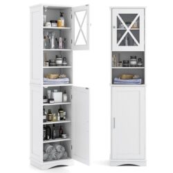 CostwayNarrow Tall Bathroom Freestanding Storage Cabinet with 5 Adjustable Shelves-White