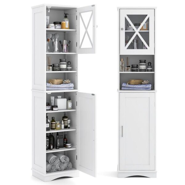 CostwayNarrow Tall Bathroom Freestanding Storage Cabinet with 5 Adjustable Shelves-White