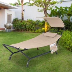 CostwayPatio Hanging Chaise Lounge Chair with Storage Bag-Beige