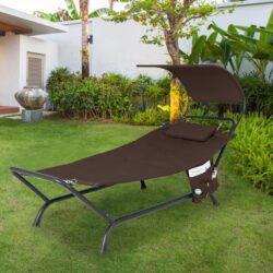CostwayPatio Hanging Chaise Lounge Chair with Storage Bag-Coffee