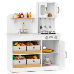 CostwayPlay Kitchen for Kids with Storage and Stovetops for Children Ages 3+-White