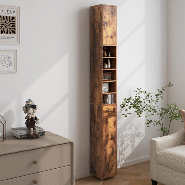 CostwaySlim Bathroom Tall Cabinet with 2 Doors 1 Drawer and 5 Shelves-Rustic Brown