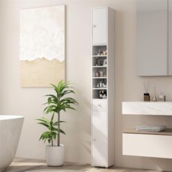 CostwaySlim Bathroom Tall Cabinet with 2 Doors 1 Drawer and 5 Shelves-White