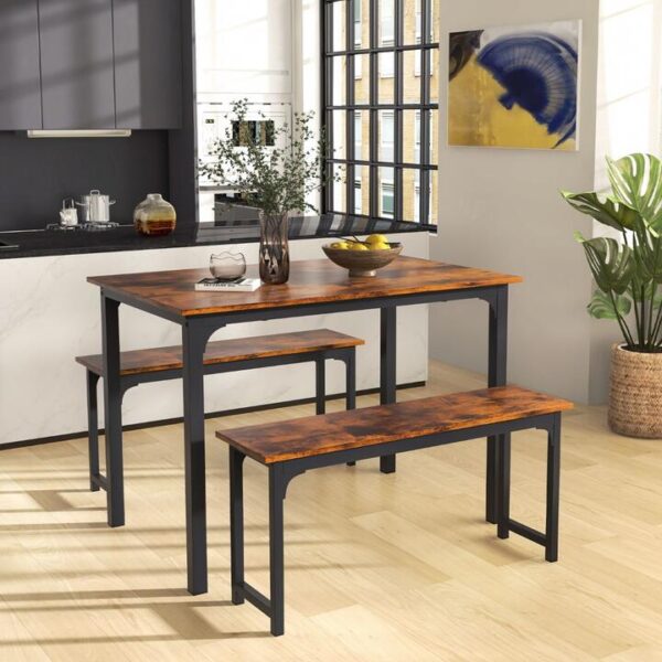 CostwaySpace-saving Dining Table Set for 4 with 2 Benches for Kitchen-Brown