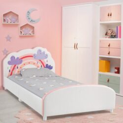 CostwayTwin Size Kids Wooden Upholstered Platform Bed with Astronaut/Unicorn/Cloud/Planet Pattern-Cloud