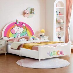 CostwayTwin Size Kids Wooden Upholstered Platform Bed with Astronaut/Unicorn/Cloud/Planet Pattern-Unicorn