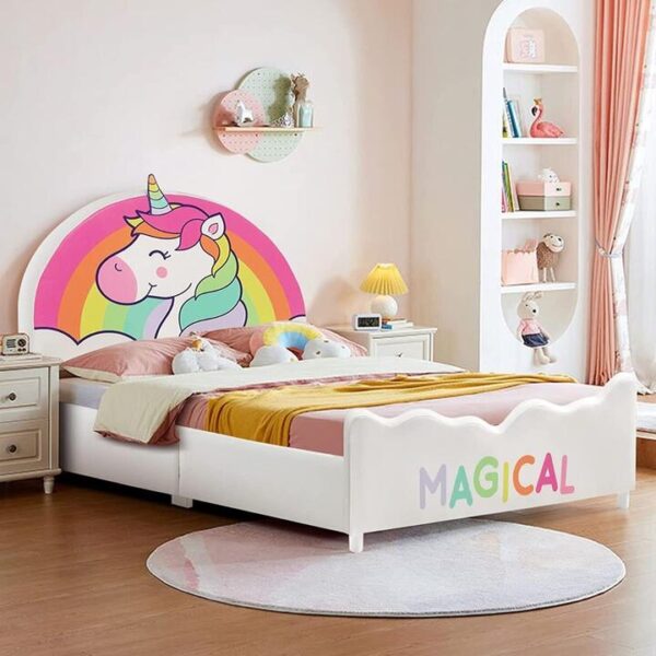 CostwayTwin Size Kids Wooden Upholstered Platform Bed with Astronaut/Unicorn/Cloud/Planet Pattern-Unicorn