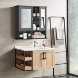 CostwayWall Mounted Hanging Storage Cabinet Cupboard with Doors and 2 Mirrors for Bathroom Laundry-Gray