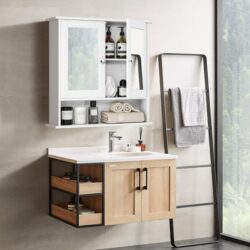 CostwayWall Mounted Hanging Storage Cabinet Cupboard with Doors and 2 Mirrors for Bathroom Laundry-White