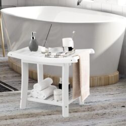 CostwayWaterproof Shower Stool with Storage for Bathroom/Entry/Living Room-White