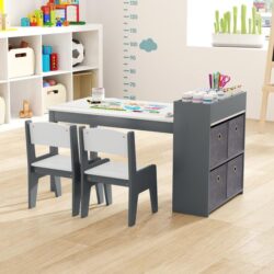 CostwayWooden Kids Art Craft Study Table and Chairs Set with Paper Roll-Grey