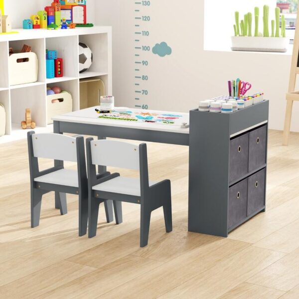 CostwayWooden Kids Art Craft Study Table and Chairs Set with Paper Roll-Grey