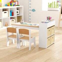 CostwayWooden Kids Art Craft Study Table and Chairs Set with Paper Roll-Natural