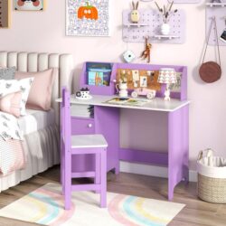 CostwayWooden Kids Study Table and Chair Set with Hutch Bookshelf and Cabinet-Purple