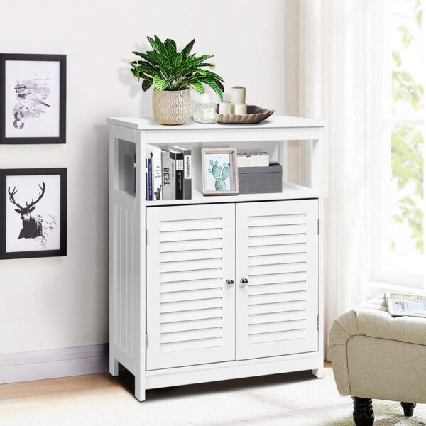 CostwayWooden Storage Cabinet with Lamellar Doors and Shelf for Bathroom