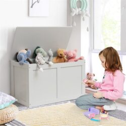 CostwayWooden Storage Organizer with Safety Hinged Lid for 3-12 Years Old Kids