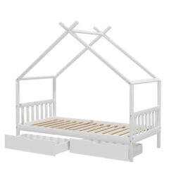 Bed Frame Wooden Base Kids Single Timber House with 2 Storage Drawers Beds White