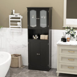 Costway164cm Tall Bathroom Storage Cabinet with Frost Glass Doors and Shelves-Black