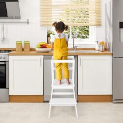 Costway2-in-1 Wooden Kids Kitchen Step Stool with Safety Rails-White