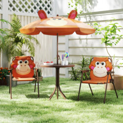 Costway4 Pieces Kids Picnic Set Toddler Outdoor Activity Table with 2 Folding Chairs-Brown
