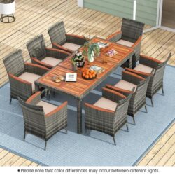 Costway9 Pieces Patio Wicker Dining Set with Removable Cushions and Umbrella Hole
