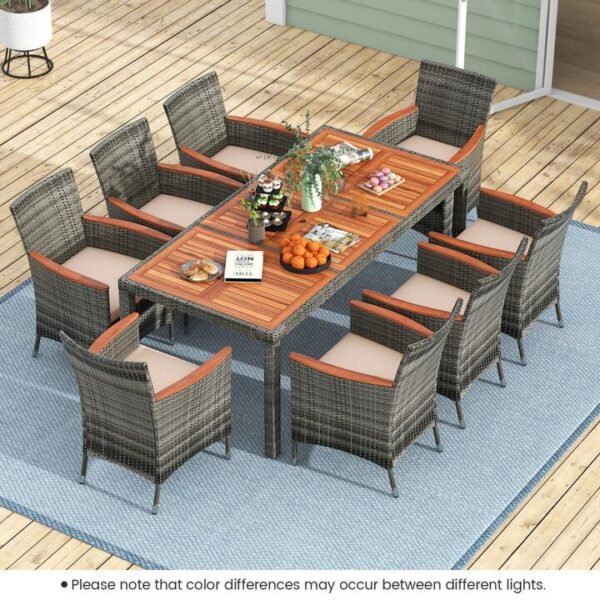 Costway9 Pieces Patio Wicker Dining Set with Removable Cushions and Umbrella Hole