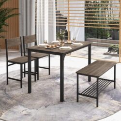 CostwayIndustrial Gathering Table Set with 2 Chairs & 1 Bench for Dining Room Grey