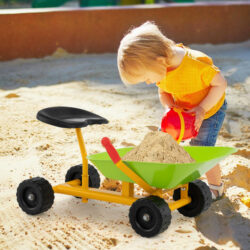 CostwayKids Ride-On Sand Dumper Outdoor Sandbox Toy Heavy-Duty Carbon Steel Kids Wheelbarrow-Green