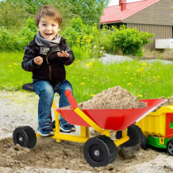 CostwayKids Ride-On Sand Dumper Outdoor Sandbox Toy Heavy-Duty Carbon Steel Kids Wheelbarrow-Red