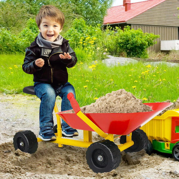 CostwayKids Ride-On Sand Dumper Outdoor Sandbox Toy Heavy-Duty Carbon Steel Kids Wheelbarrow-Red