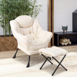 CostwayModern Lazy Chair with Ottoman & Pillow & Armrests & Side Pocket-Beige