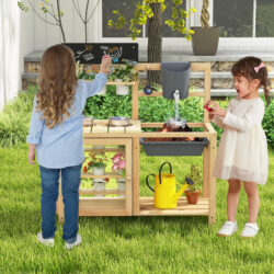 CostwayOutdor Mud Kitchen Kids Pretend Play Kitchen Toy Set with Storage-Natural