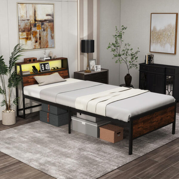 CostwaySingle Size LED Bed Frame with Charging Station 2-Tier Storage Headboard-Rustic Brown-S