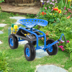 CostwaySteerable Garden Cart Rolling Scooter with Extendable Handle and Storage Basket-Blue