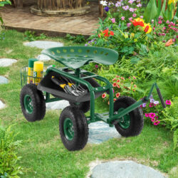 CostwaySteerable Garden Cart Rolling Scooter with Extendable Handle and Storage Basket-Green