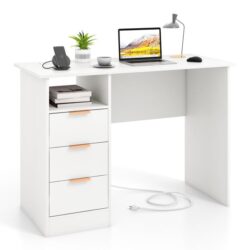 Costway108 CM Home Office Desk with Power Outlet and 3 Storage Drawers-White