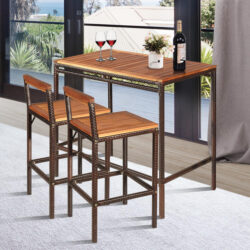 Costway3 Pieces Outdoor Bar Table Set with Acacia Wood Tabletop & Seat