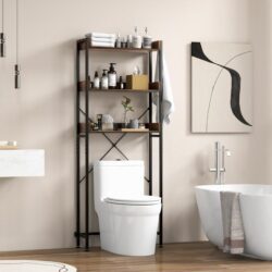Costway3-Tier Over The Toilet Storage Rack with 4 Hooks for Bathroom-Brown