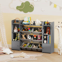 Costway4-Tier Kids Toy Storage Organizer Shelf with 6 Cubbies and 8 Removable Bins-Grey