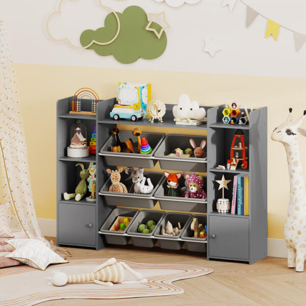 Costway4-Tier Kids Toy Storage Organizer Shelf with 6 Cubbies and 8 Removable Bins-Grey
