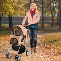 Costway4-Wheel Folding Pet Stroller with Mesh Windows & Storage Basket-Beige