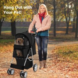 Costway4-Wheel Folding Pet Stroller with Mesh Windows & Storage Basket-Black