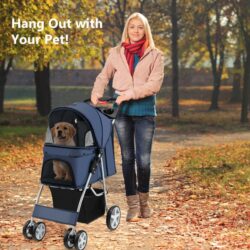 Costway4-Wheel Folding Pet Stroller with Mesh Windows & Storage Basket-Navy