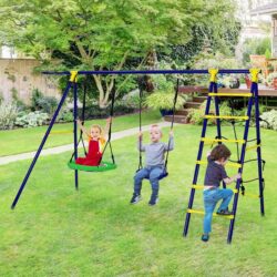Costway5-in-1 Outdoor Backyard Kids Swing Set with A-Shaped Metal Frame
