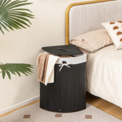 Costway58L Bamboo Laundry Basket with Machine Washable Liner Bag-Black