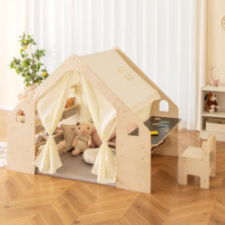 Costway6-in-1 Kids Playhouse Wooden Indoor Play Tent with Blackboard and 6 Storage Bins & Floor Cushion-Beige