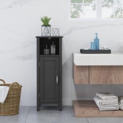 CostwayAdjustable Floor Storage Cabinet with Single Door for Bathroom-Black