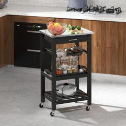 CostwayKitchen Rolling Island with Stainless Steel Countertop and Basket-Black