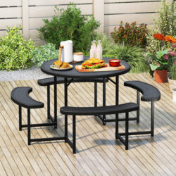 CostwayRound Picnic Table Bench Set Outdoor Circular Picnic Table with 4 Benches-Black